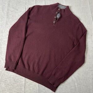 Kinross Men's 100% Cashmere Sweater 1/4 Button Mock Neck Wine Size Medium